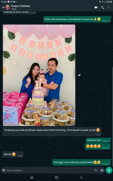 Tangkapan layar WhatsApp: tumpeng Sedop di pesta ulang tahun anak, pelanggan menyebut tumpengnya enak